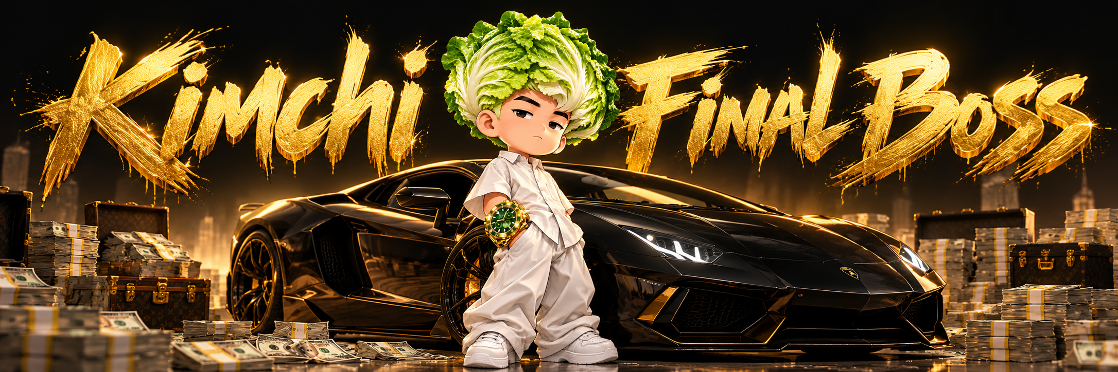 Wide banner of Kimchi Final Boss standing in front of a black luxury car, with metallic gold lettering that reads Kimchi Final Boss.